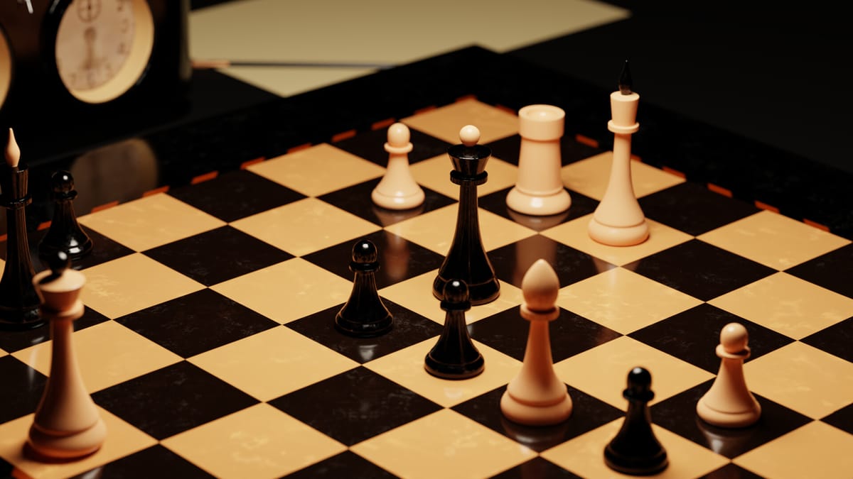 A chess set mid-game on a black and cream board, warmly lit at a low angle with a chess clock out of focus behind it.