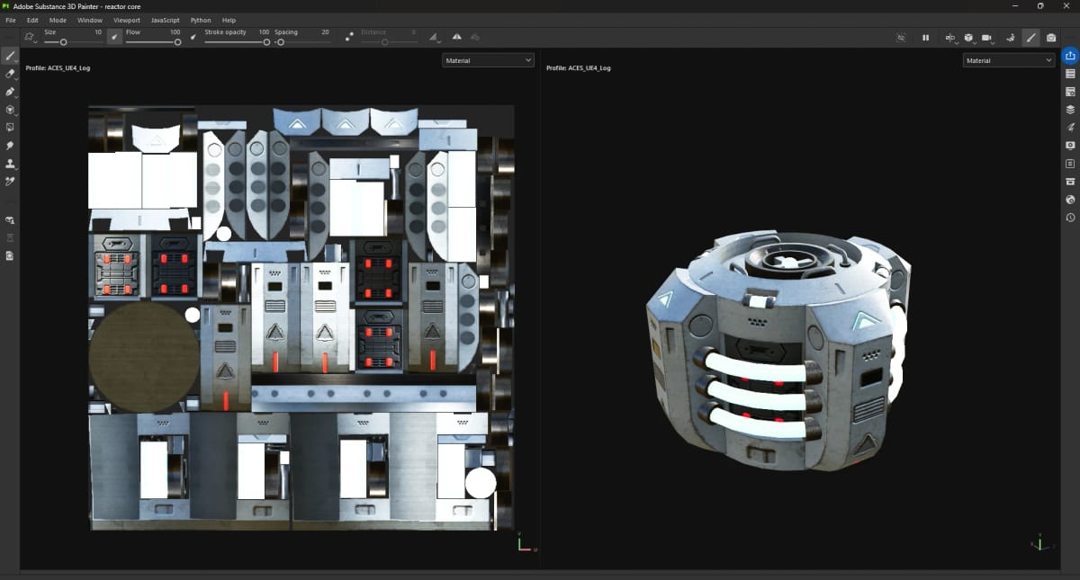 The ARC-04 Fusion Cell open in Adobe Substance 3D Painter, the texture set on the left and the 3D view on the right: a faceted drum-shaped power core in pale grey with white banding, cyan triangular decals and small red indicator marks.