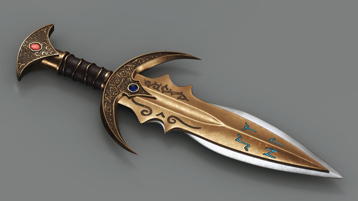 The Gilded Relic: an ornate short blade with a gold filigree hilt, a red gem in the pommel and a blue gem at the guard, and blue rune markings along the gilded blade above a polished steel edge.