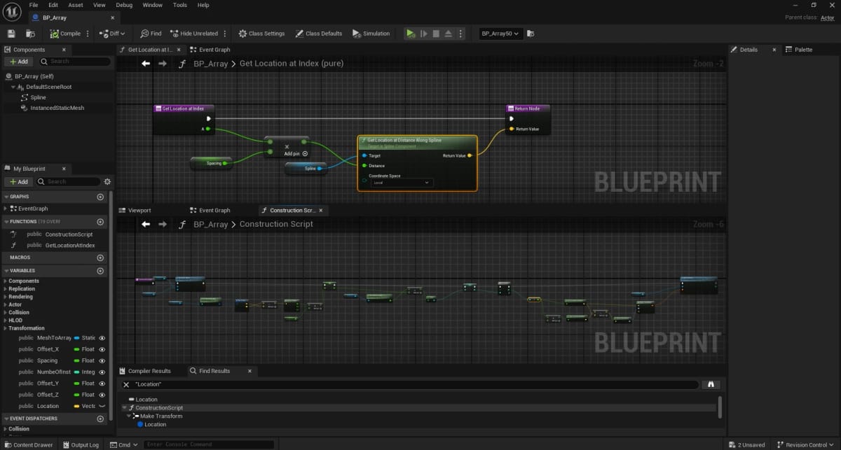 The BP_Array Blueprint open in Unreal: a construction script that reads locations along a spline and places instanced static meshes at them.