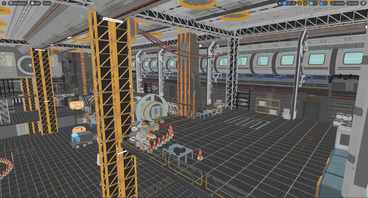 Unlit view of the hangar interior, showing the modular kit, the gantry towers and the curved transit tube as untextured geometry.