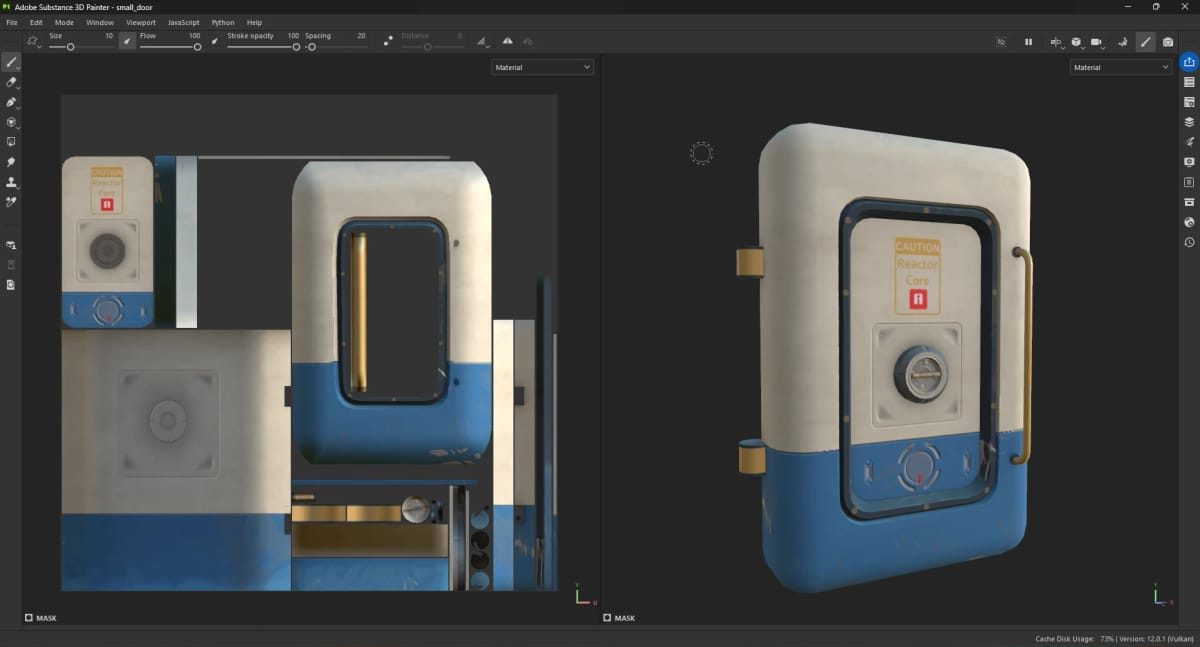 The Sub-Level 04 reactor access hatch open in Adobe Substance 3D Painter, the texture layout on the left and the 3D view on the right: a stylised pill-shaped pressure door in cream and cerulean blue with brass hinges, a manual handle, a circular port and a red caution decal.