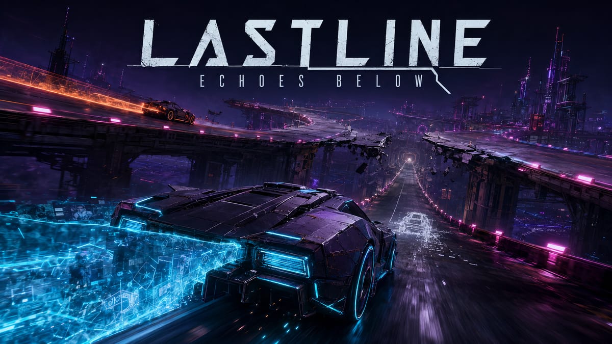 Cover art for LASTLINE: ECHOES BELOW — an angular black race car trailing a glowing cyan light wall speeds down an elevated neon-lit roadway through a night-time city, with the game title set across the top.