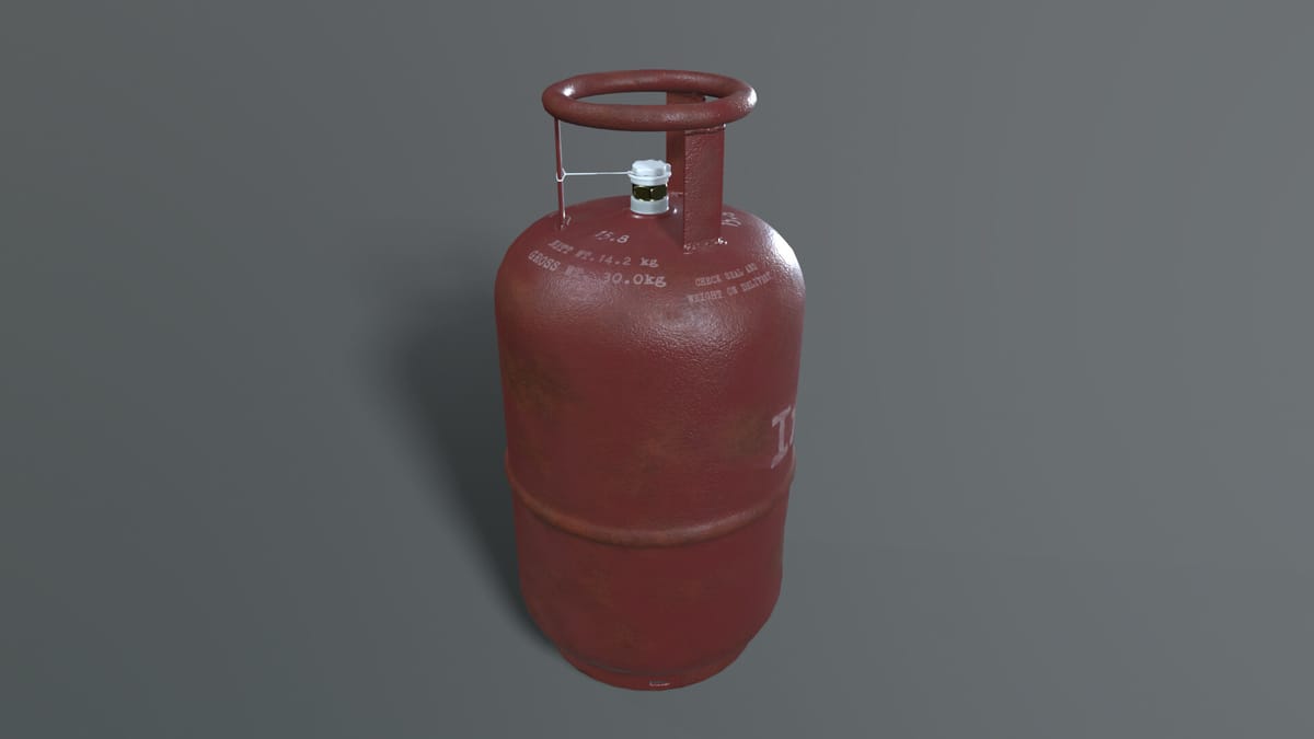 Weathered red industrial LPG cylinder with rust blooms around the base, worn stencilled safety markings and a protective valve collar.