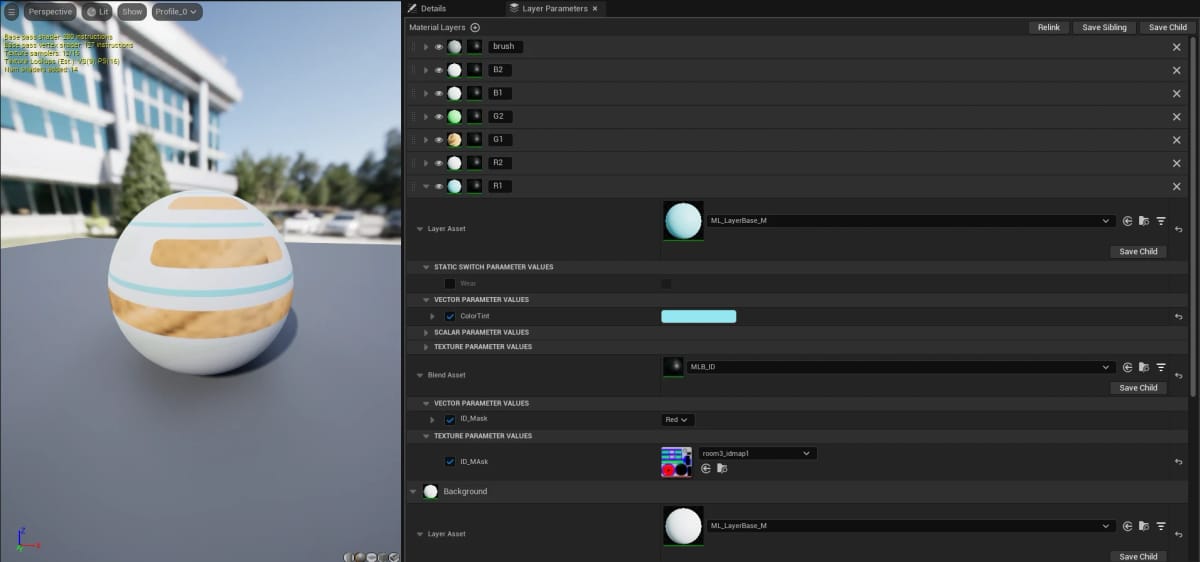 Unreal Engine 5 material instance editor showing the layered material stack with base wood, painted metal and emissive trim layers.
