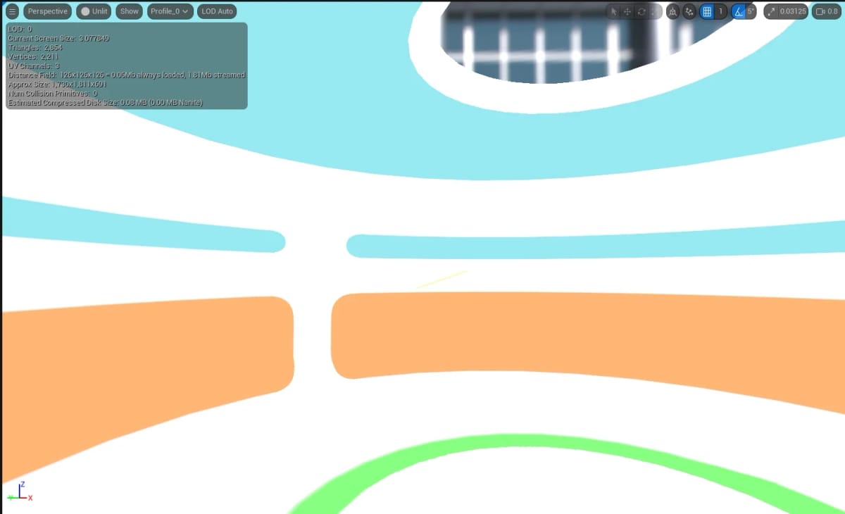 Unlit close-up of the ID mask in the Unreal viewport — flat colour regions that decide which material layer each part of the mesh receives.