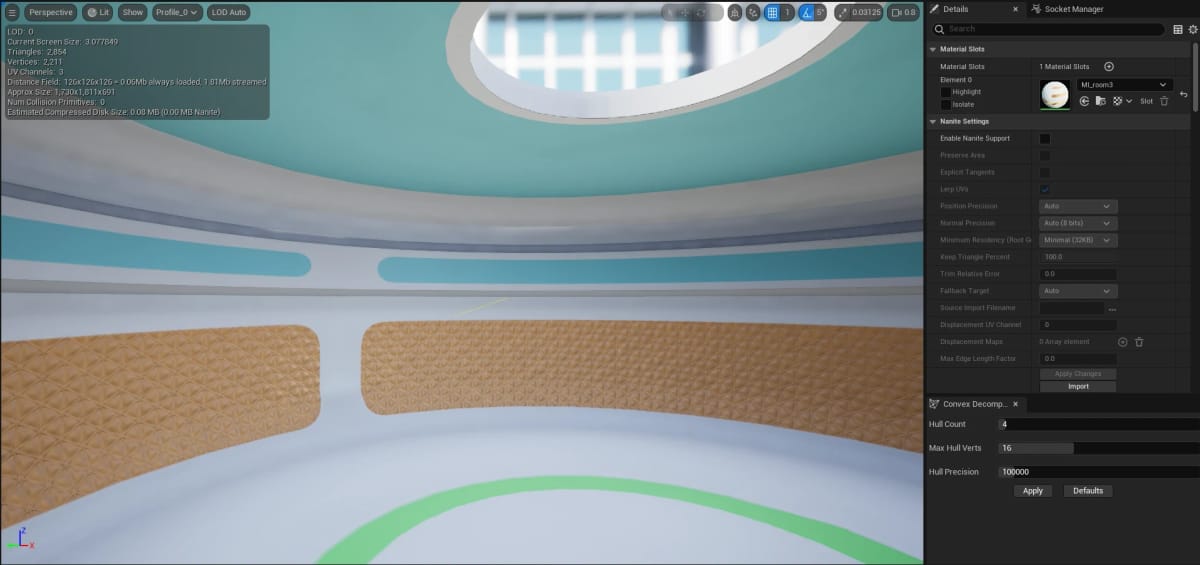 The same viewport angle as the ID mask, now lit: the layered material resolved on the mesh, with the Details panel showing its single material slot.