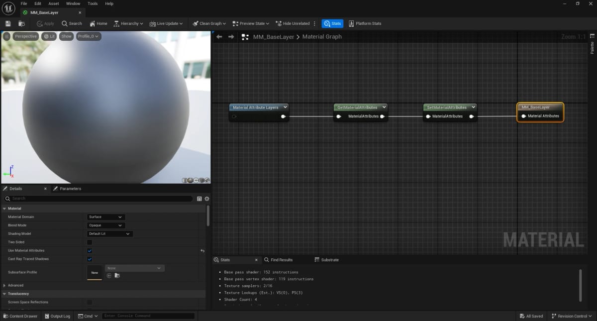 The MM_BaseLayer master material graph in Unreal, with the Stats panel reading 152 base-pass instructions, 119 vertex-shader instructions and 2 of 16 texture samplers.
