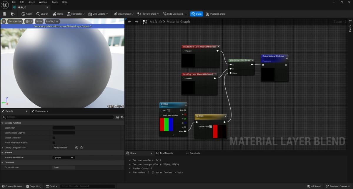 The MLB_ID material layer blend graph: an ID mask texture feeding a Blend Material Attributes node so its colour channels select between a top and bottom layer.
