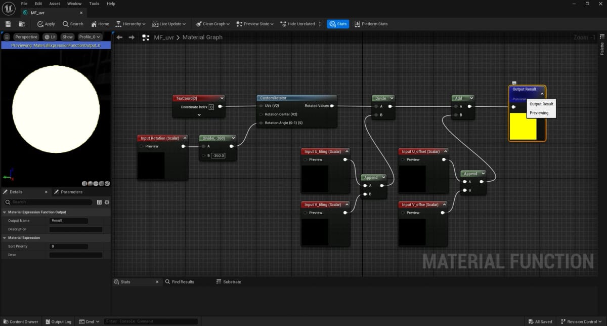 The MF_uvr material function graph, handling UV rotation, tiling and offset as reusable inputs.