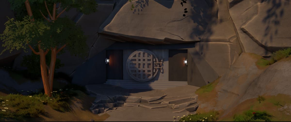 The cave entrance lit by the Day preset: warm sunlight raking across pale rock, a tree and flowering grass in the foreground, and the circular latticed door in cool shadow.