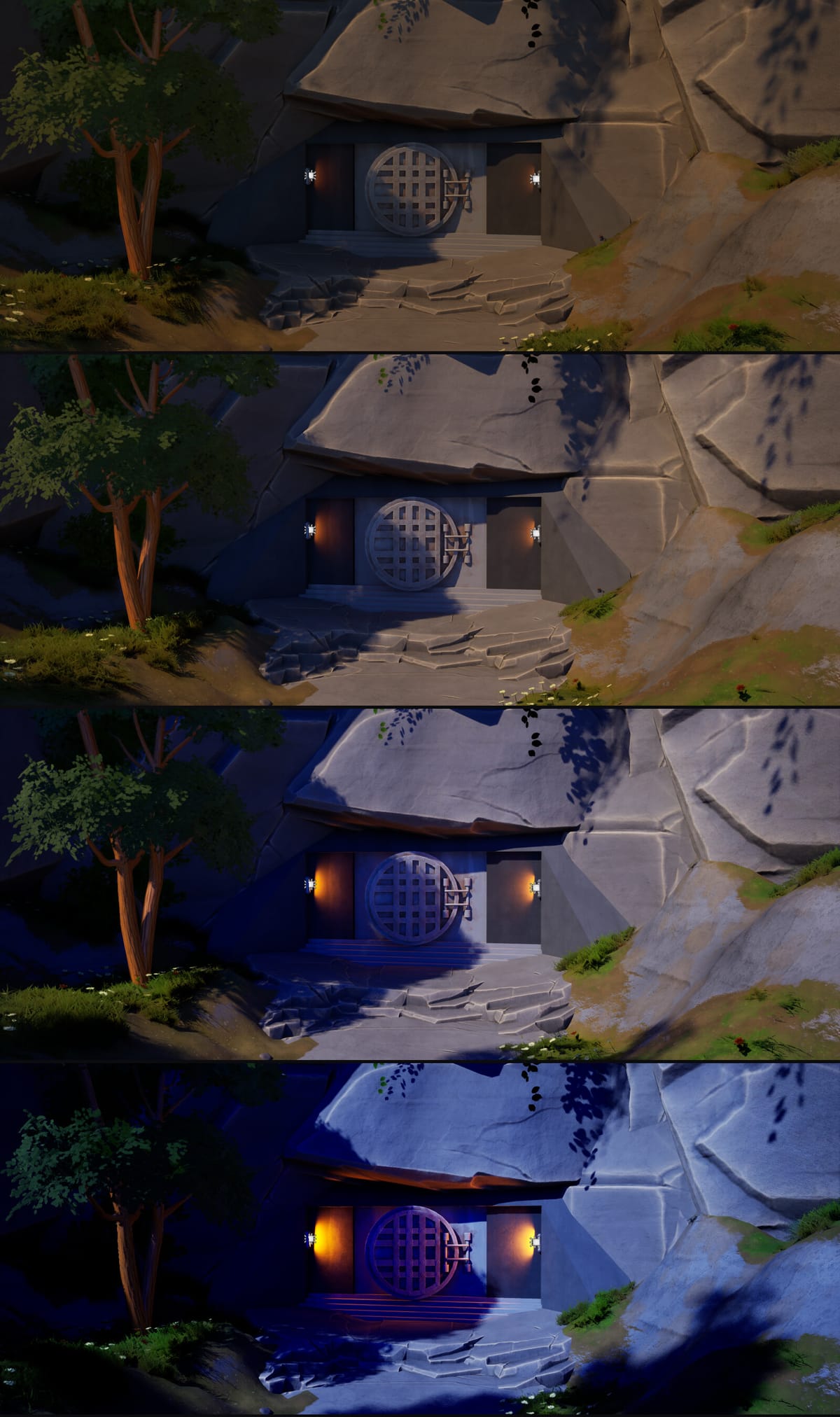 Four frames of the same shot stacked vertically, stepping from the Day preset at the top to the Night preset at the bottom.