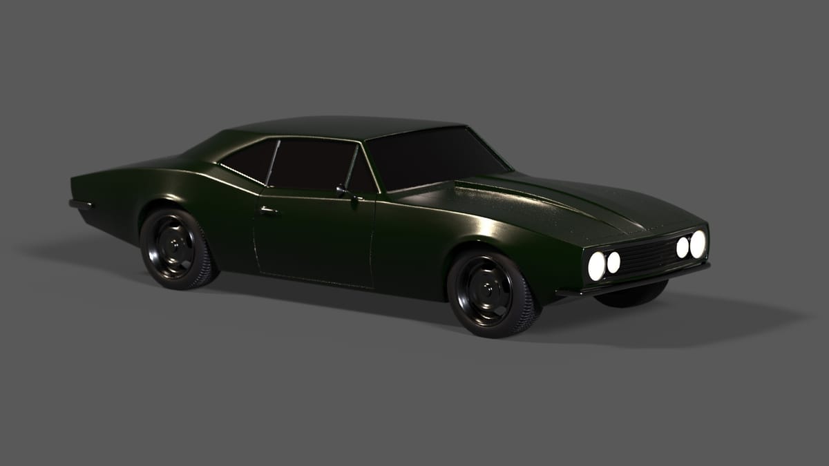 A muscle car in semi-gloss dark olive green with a faint metallic speckle in the paint, black wheels, grille and bumpers, and four plain round headlights, on a grey studio backdrop.