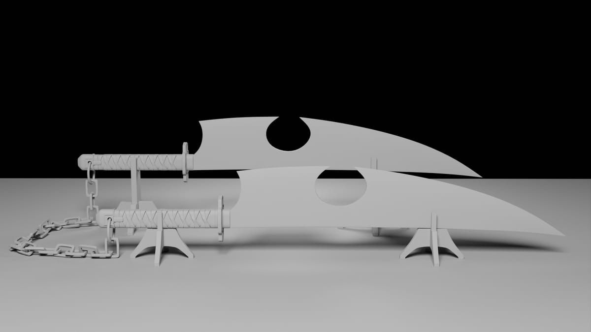 Two large curved nichirin cleavers joined by a chain, shown as an untextured clay render on display stands against a plain white backdrop.